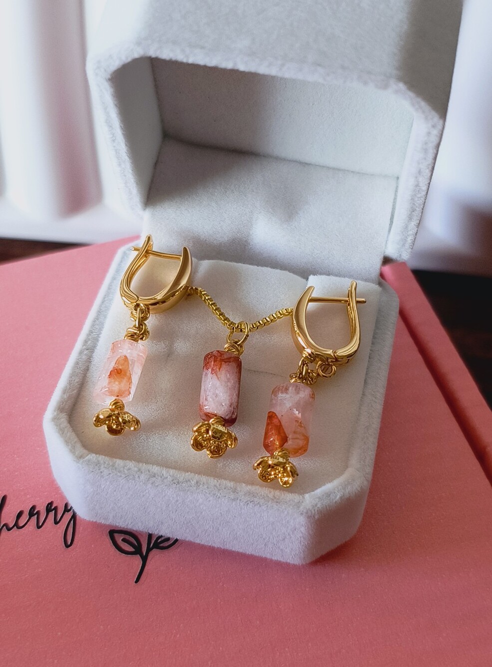 18k Gold Filled Red Jasper Necklace & Earrings Set - White Roses & Sherry